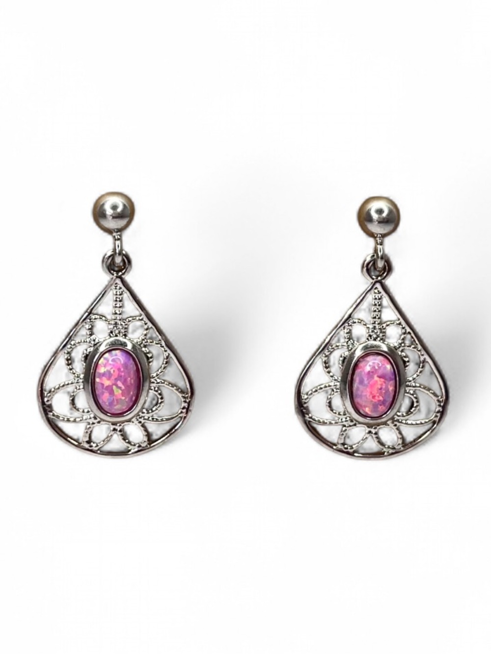 Pink Opal Lab Created Dangle Earrings Silver Tone Filigree Teardrop Boho Modern
